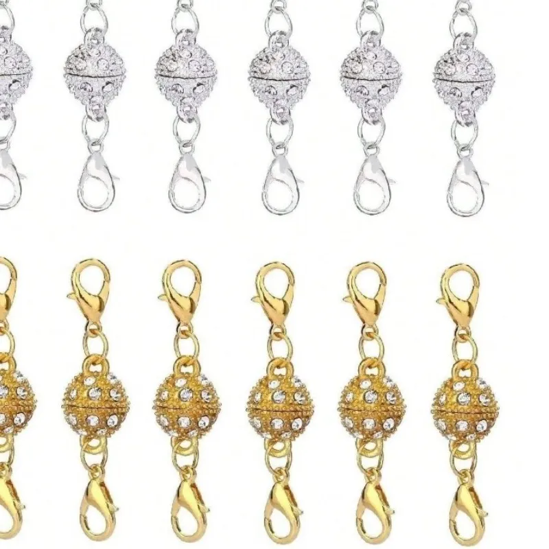 Authentic 12-Piece Gold And Silver Rhinestone Spherical Magnetic Lobster Clasp, Easy To Install And Remove, Suitable For Jewelry Necklaces And Bracelets.