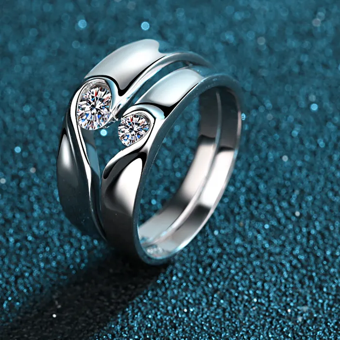 Authentic Sparkling Platinum Pt950 Lovers Ring Set with 0.1/0.3ct Moissanite Stones, Love-in-heart Couple Ring Women Wedding Fine Jewelry