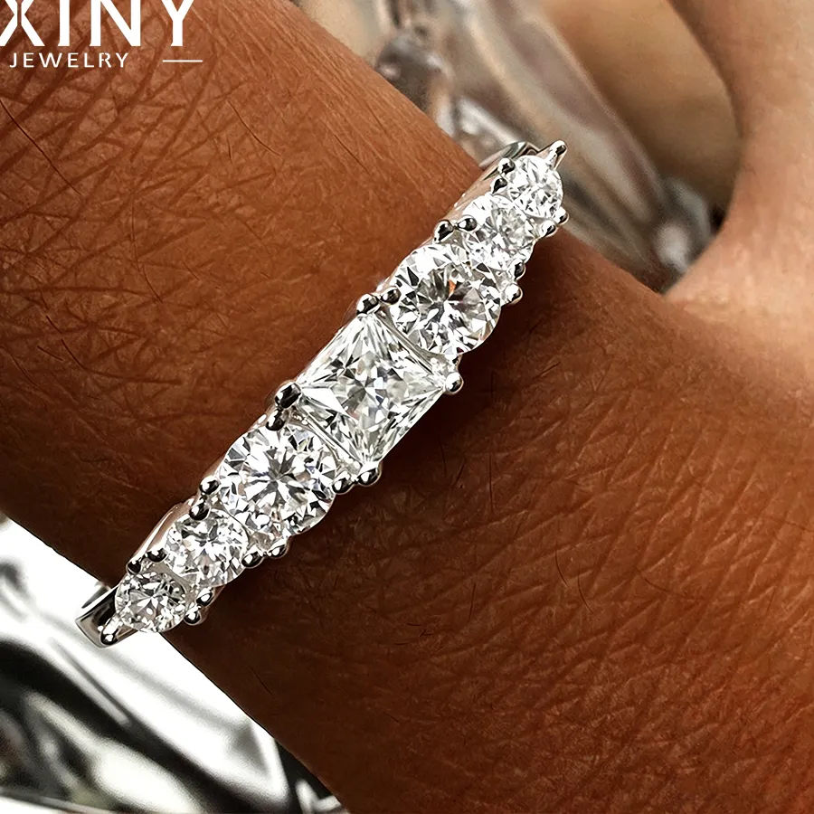 Authentic Bxiny Princess Cut All Moissanite Eternity Ring 925 Sterling Silver Irregular Diamond Half Stackable Band Fine Jewelry