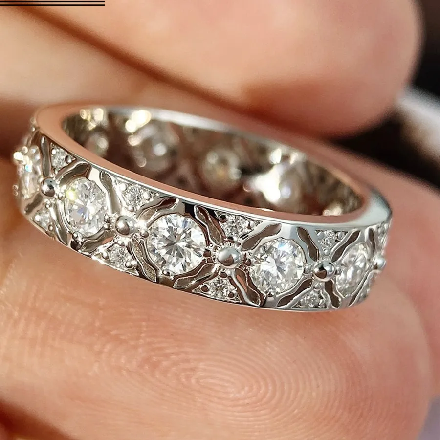Authentic Certified 1.3cttw D Color Full Moissanite Ring for Women 100% 925 Sterling Silver Wide Eternity Band Wedding Luxury Jewelry