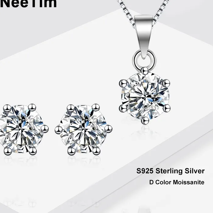 Authentic NeeTim 1ct 2ct 3ct 4ct Moissanite Earrings Necklace Sets for Women 925 Silver with White Gold Plated Wedding Party Jewelry Sets