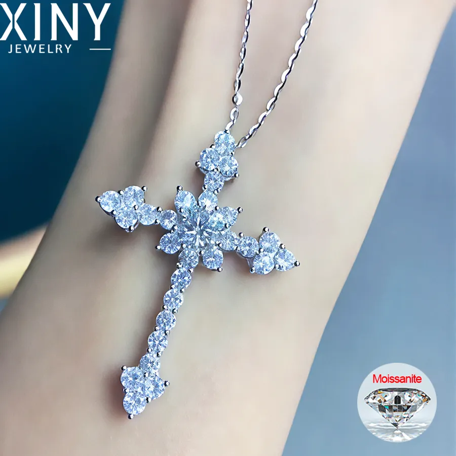 Authentic BXINY Luxury Moissanite Cross Pendant Necklace 925 Sterling Silver Crucifix Neck Chain for Women Men Jewelry Gifts GRA Certified