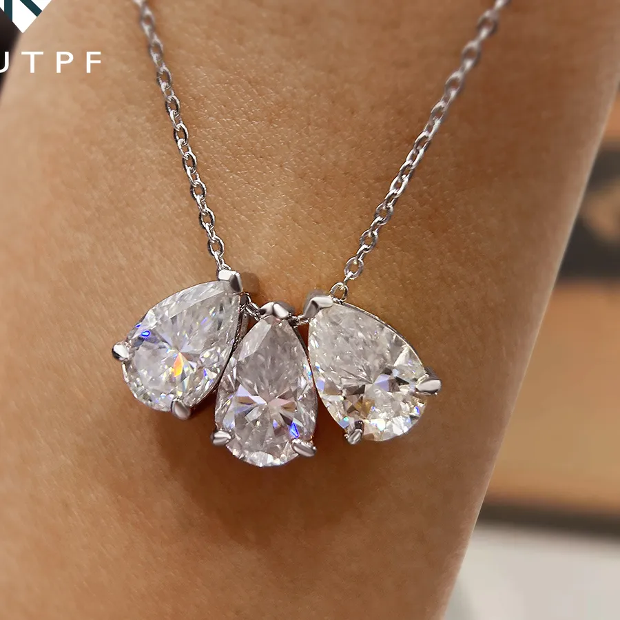 Authentic 3- Stones Waterdrop Moissanite Pendant Necklace S925 Silver Pear Cut Diamond Neckchain With Certificates Fine Jewelry