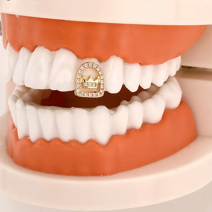 Authentic TOPGRILLZ Iced Out Single Full CZ Stone Crown Teeth Caps For Women Men Jewelry Hollow Zircon Mouth Tooth Grillz Dental Grills