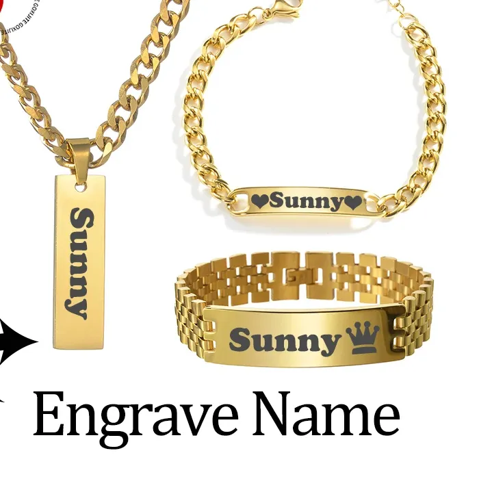 Authentic Goxijite Custom Engraved Name Necklace Cuban Chain Set Engraved Text Symbol Bracelet Men Women Jewelry