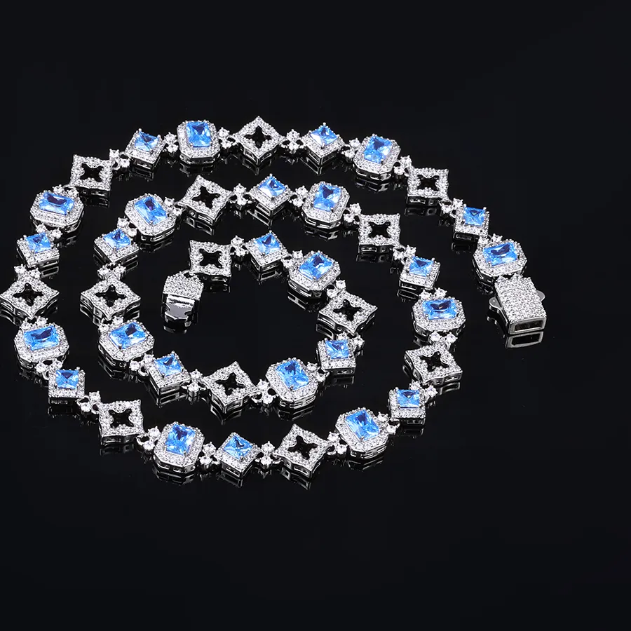 Authentic HHIOK 11MM Blue Gemstone Cuban Necklace Iced 5A Cubic Zirconia Sparkling Hollow Out Star Hip Hop Style Jewelry Necklace