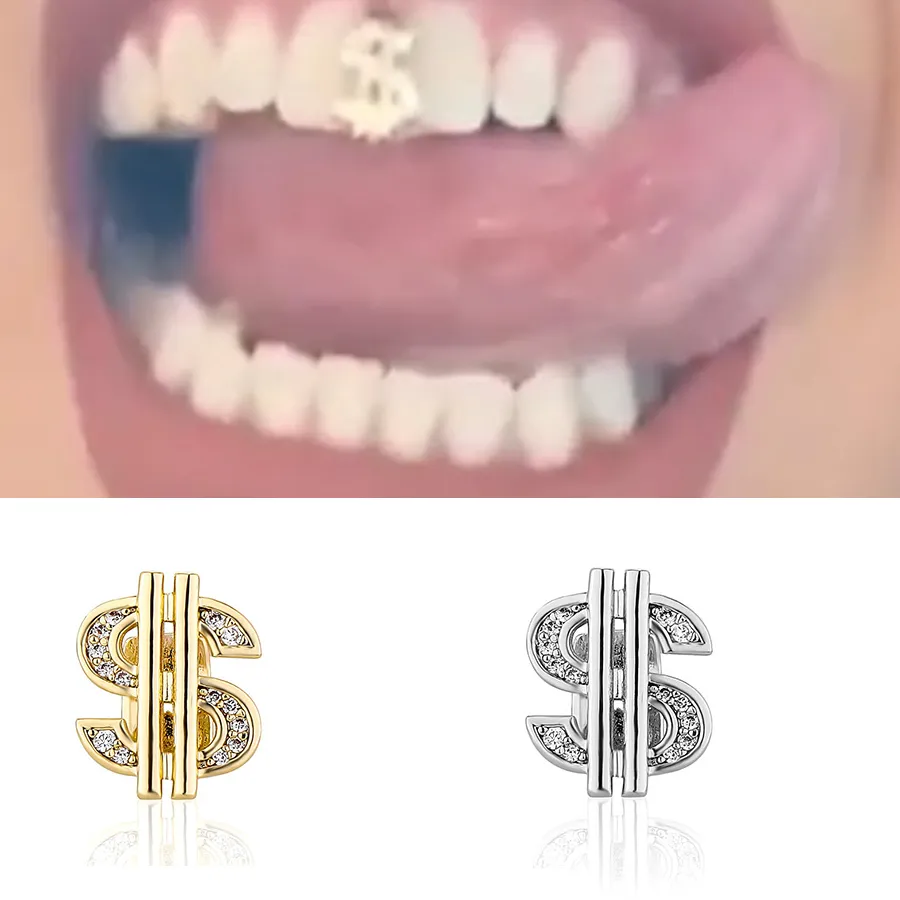 Authentic RACHELZ Hip Hop Iced Out CZ Stone Dollar Teeth Grillz Gold Silver Color Zircon Tooth Caps Braces Women Men Punk Jewelry