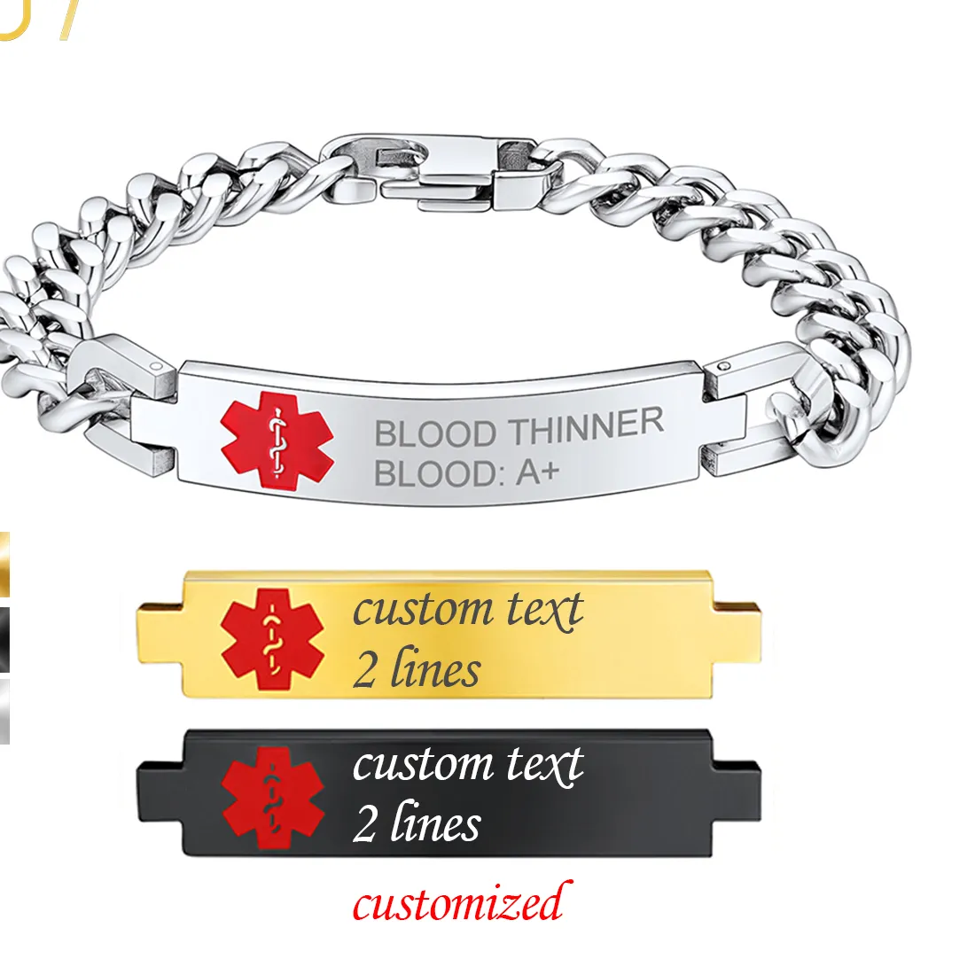 Authentic U7 Custom 17 21 Cm Medical Alert Tag Cuban Chain Bracelets Medical Emergency Info Jewelry