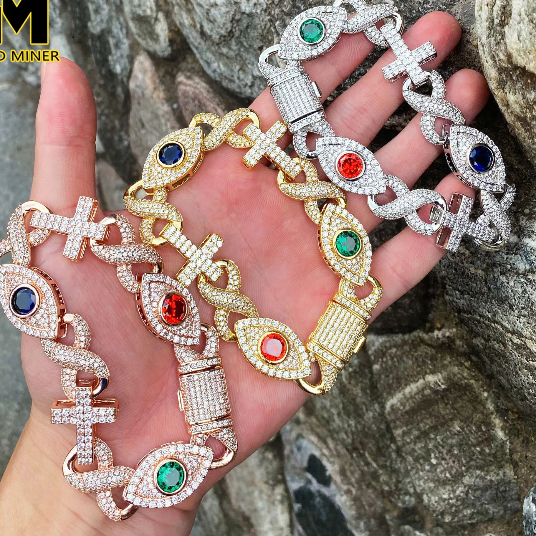 Authentic Eye of Eternity Cross & Eightfold Prosperity Bracelet - Iced Zircon Cuban Chain Amulet for Masculine Spiritual Armor