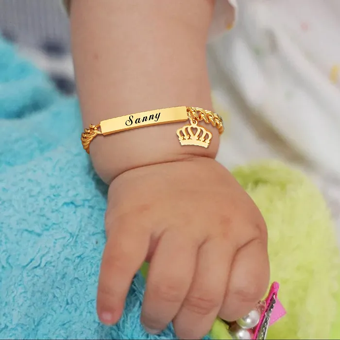 Authentic Customized Engraving Laser Name Bracelets For Kids Bracelet With Crown Cuban Chain Custom Baby Jewelry Gifts