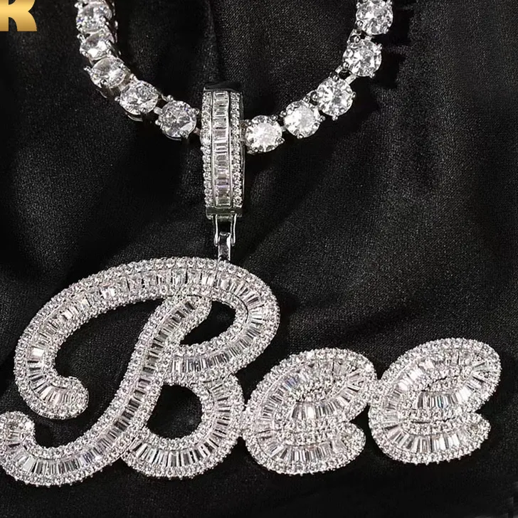 Authentic THE BLING KING Custom Brush Cursive Letter Name Pendant Necklace Iced Out Bageutte Cubic Zirconia Chain Necklace Hiphop Jewelry