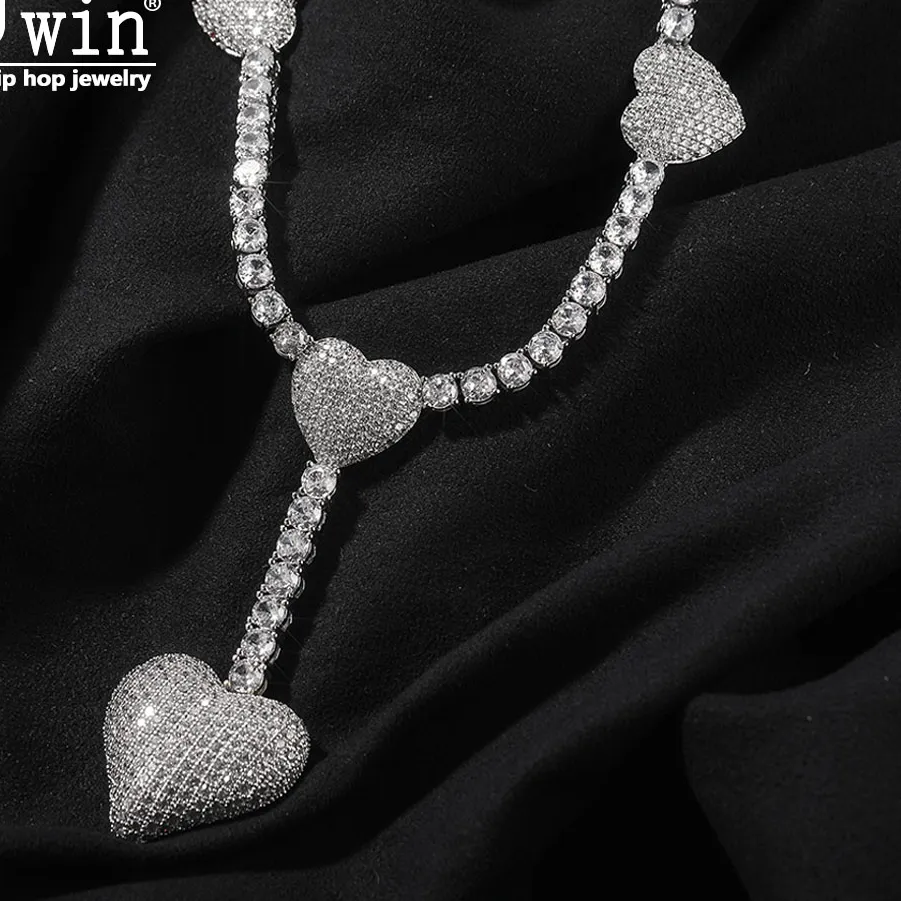Authentic Uwin 4 Heart Necklace Drip Necklaces 4Mm Tennis Chain With Heart Pendant Iced Out Cz Hip Hop Jewelry
