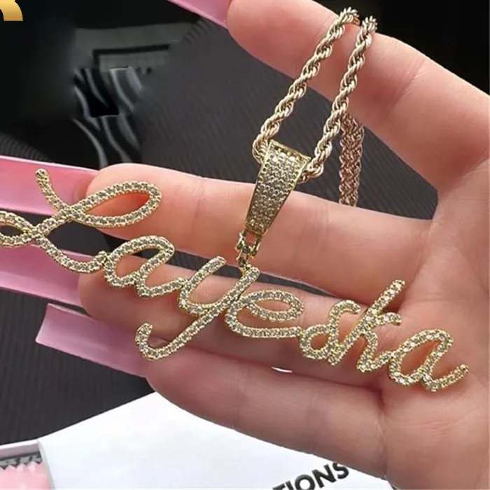Authentic THE BLING KING Personalized Artical Cursive Letters Iced Out Cubic Zirconia Custom Name Pendant Necklace Charm Hiphop Jewelry