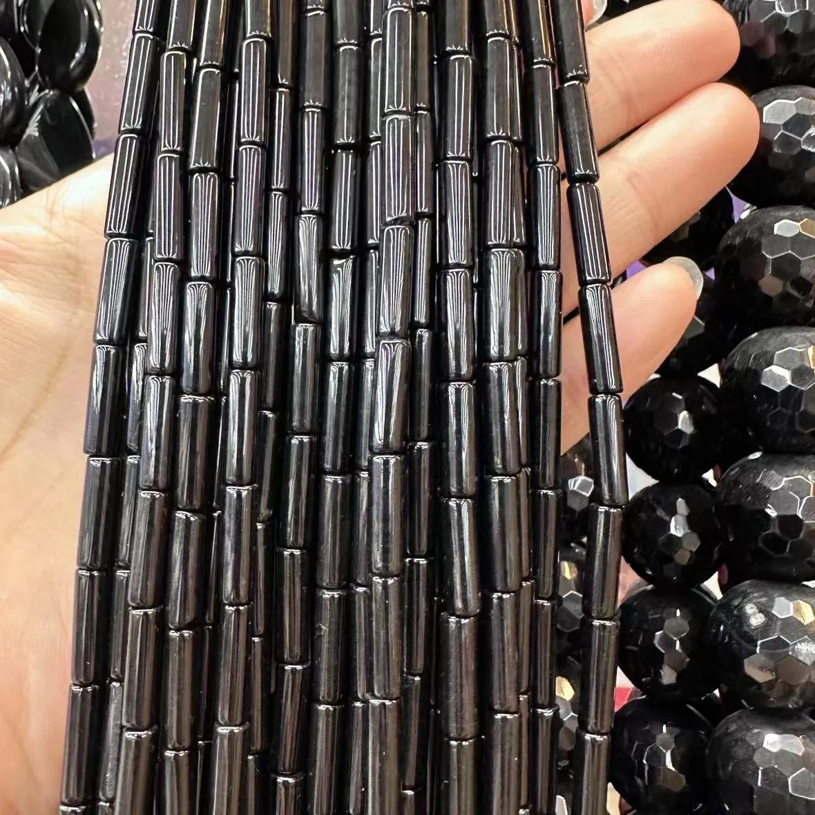 Authentic Natural Black Stone Onyx Cylinder Faceted Shape Loose Spacer Beads Jewelry Making DIY Charms Bracelets Accessories  Wholesale