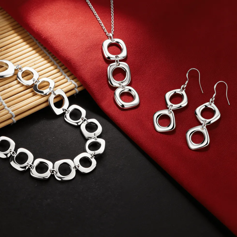 Authentic Beautiful 925 Sterling Silver Bohemia square pendant Bracelet necklace earring Jewelry set for women Fashion Hip-hop accessories