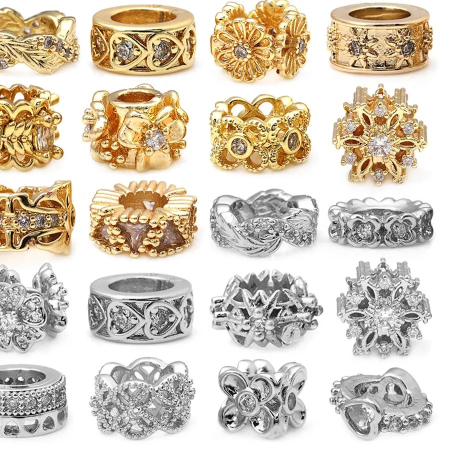 Authentic 18K Gold Color Brass Zircon Large Hole Wheel Spacer Beads Bracelets Beads High Quality Diy Jewelry Accessories Making Materials