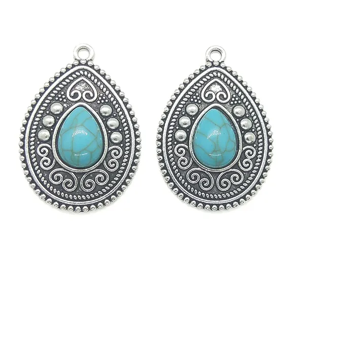 Authentic New 2pieces/bag 38*27MM Retro Zinc Alloy Inlaid Acrylic Green Bead Water Drop Pendant for DIY Jewelry Necklace Accessories Gifts