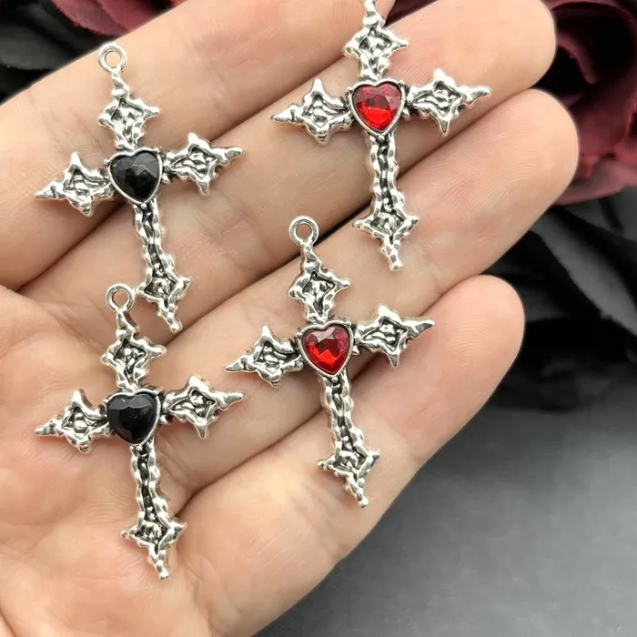Authentic 6pcs 38*28mm Punk Heart Cross Charm Goth Red Crystal Cross Pendant Designer Charms Fit Jewelry Making DIY Jewelry Findings
