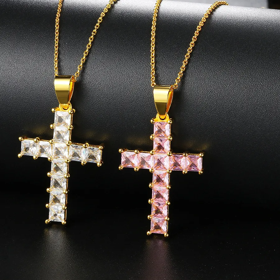 Authentic Christian Cross Women's Neck Chain Hippie Men Necklace Jewelry Pink Cubic Zirconia Iced Out Pendants Gold Color Choker KBN406