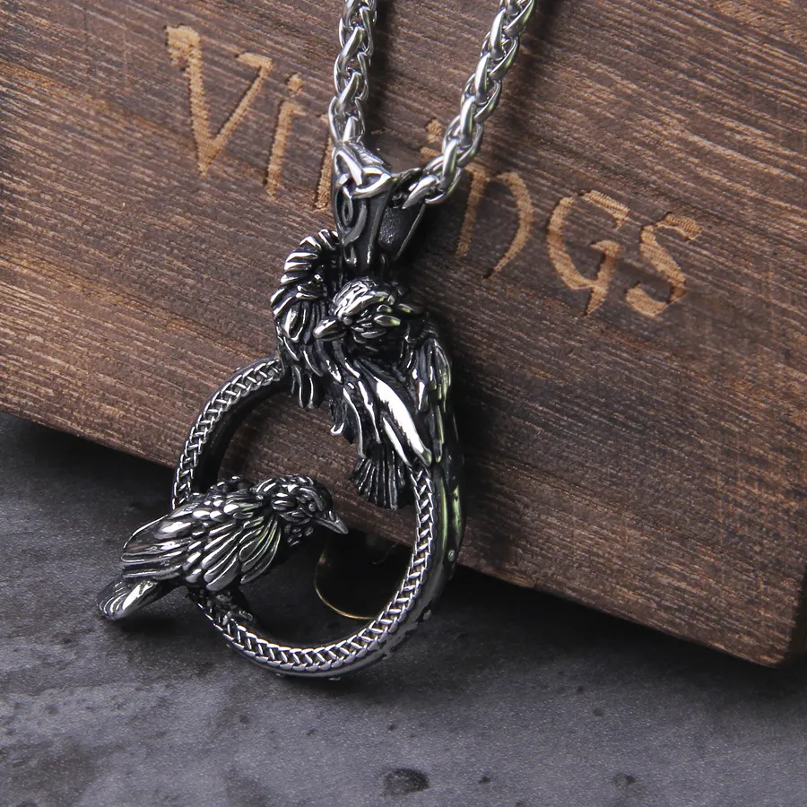 Authentic Nordic mythology Odin Huginn and Muninn pendant necklace viking Raven necklace stainless steel never fade with wooden box