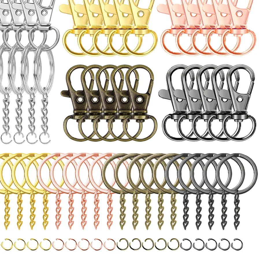 Authentic 15/30 Set Swivel Lobster Clasp Keychains Key Rings Snap Hooks Key Chains Flat Rings and Jump Rings for DIY Crafts Jewelry Making