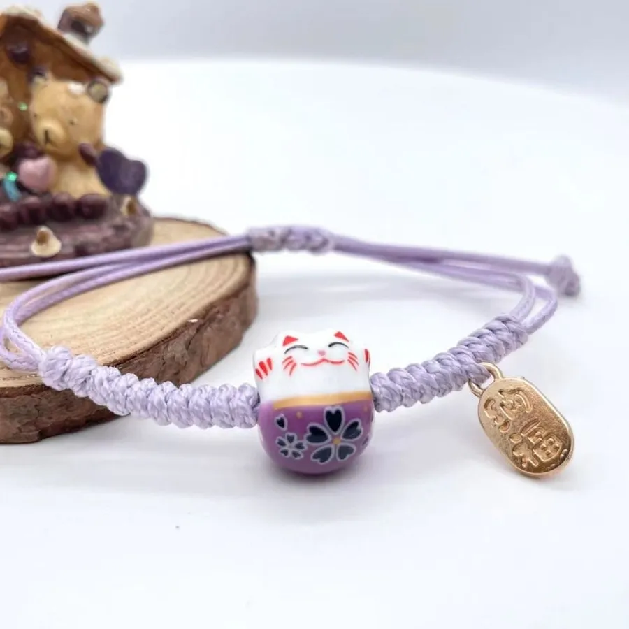 Authentic Ceramic Cat Pendant Maneki Neko Bracelet Hand Rope Handmade Red Braided Rope Jewelry Accessories Chinese Style Women Hand Ring