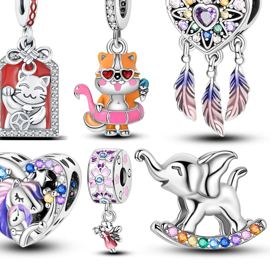 Authentic 925 Sterling Silver Lucky Animal Charms Maneki- Neko Cat Unicorn Elephant Beads Fit Original Bracelet Jewelry For Woman