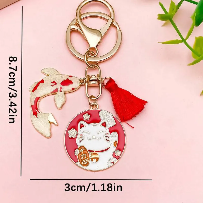 Authentic Maneki-Neko Lucky Cat Keychain With Koi Fish Charm And Tassel