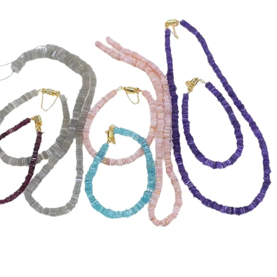 Authentic Set amethyst apatite pink opal sunstone roundelle necklace bracelet nature bead FPPJ
