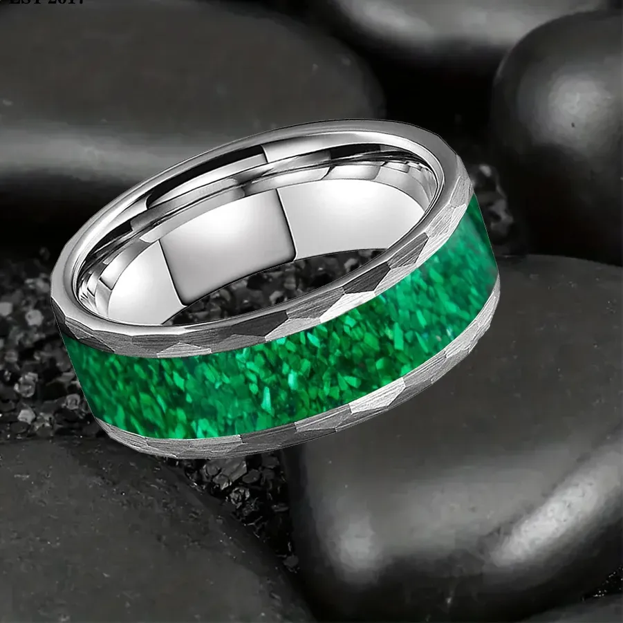 Authentic Embracing the Cosmic Cycle: Hammered Tungsten Ring with Ancient Green Opal