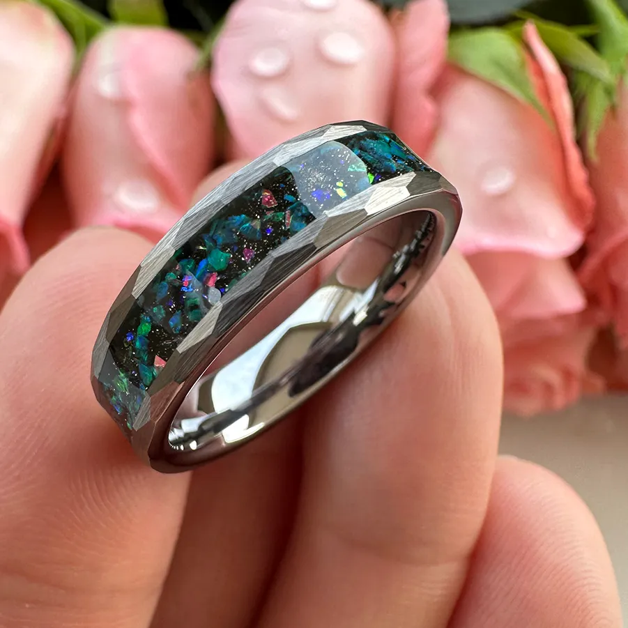 Authentic Itungsten 6Mm 8Mm Galaxy Series Opal Ring Multi Facet Hammered Tungsten Band Amazing Jewelry Comfort Fit