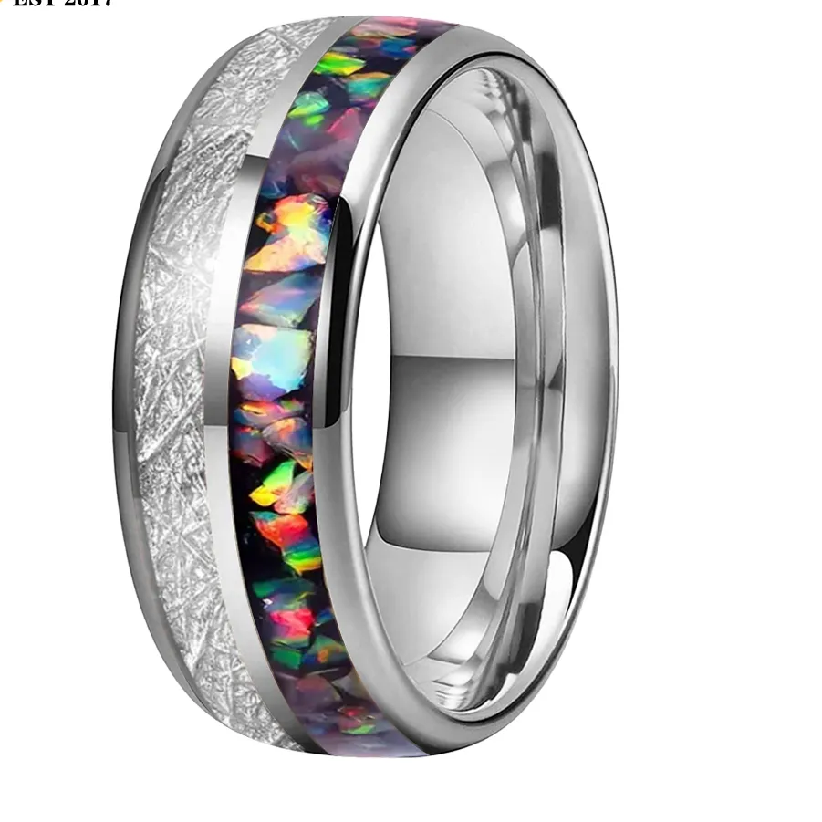 Authentic Cosmic Aurora Tungsten Ring - Stardust and Opal Sacred Union Band
