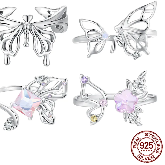 Authentic WOSTU Original 925 Sterling Silver Adjustable Butterfly Open Ring Opal Zircon Finger Rings For Women Luxury Jewelry