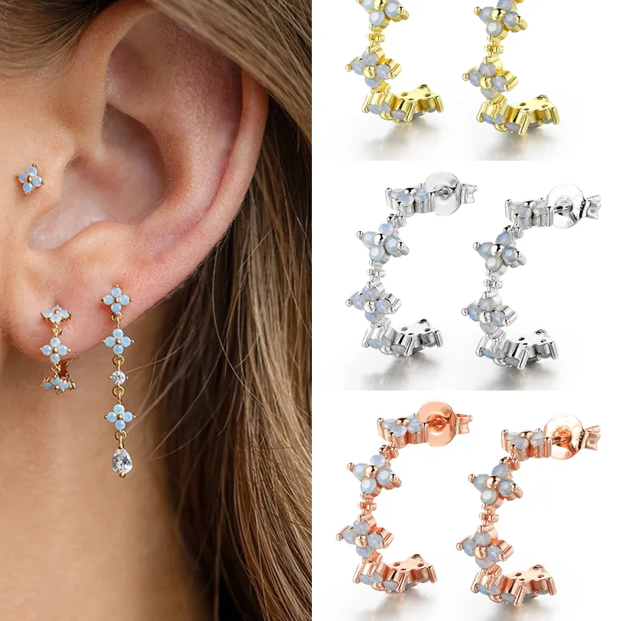 Authentic Gold Color Clover Earrings Ins Aesthetic Fashion C Shaped Opal Stone Hoop Ear Rings For Women Accessories Jewelry Gifts KAE077