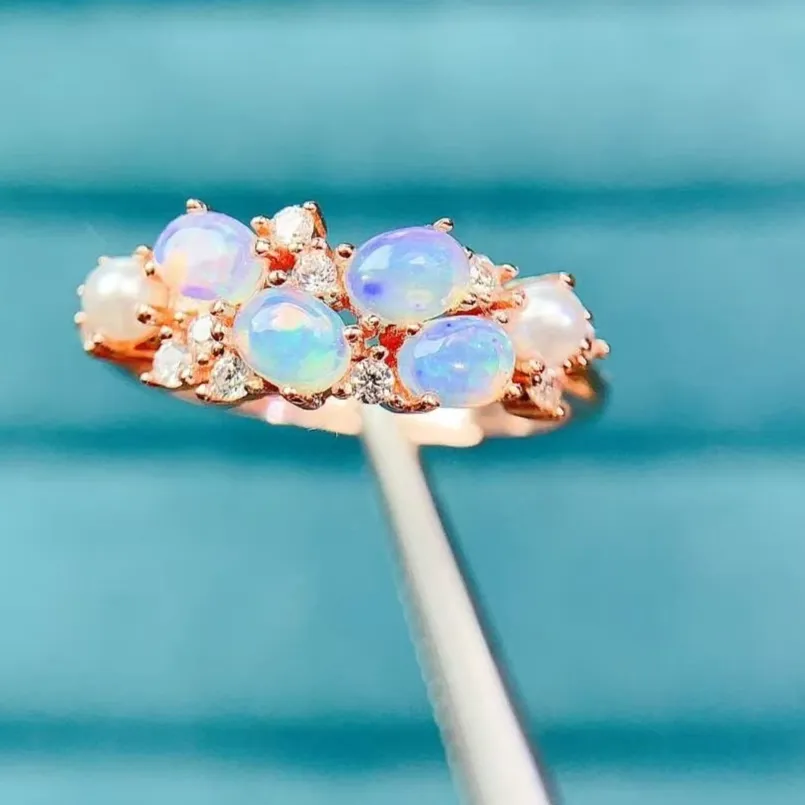 Authentic 925 Sterling Silver Natural Opal Ring 4x3mm Oval White Fire Opal Cluster Design Women Jewelry