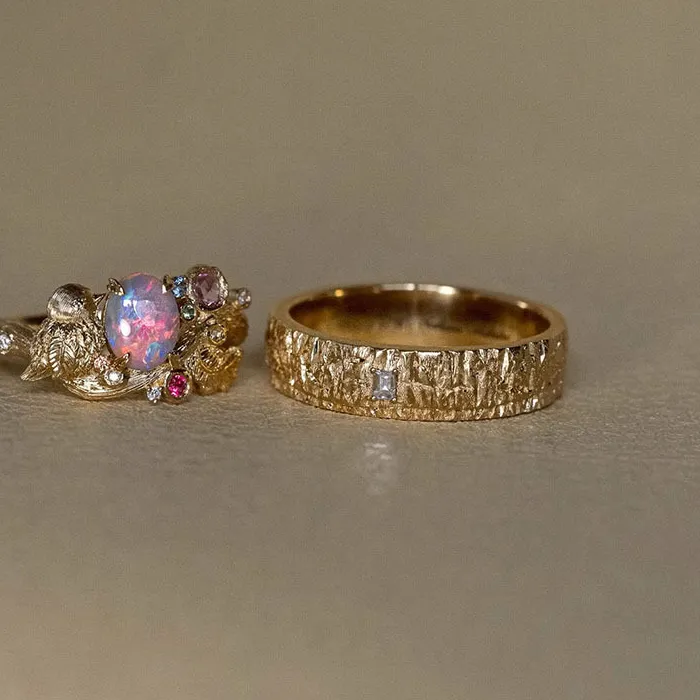 Authentic Vintage brushed colored opal ring for women light luxury high-end charms brushed texture rings adjustable banquet jewelry