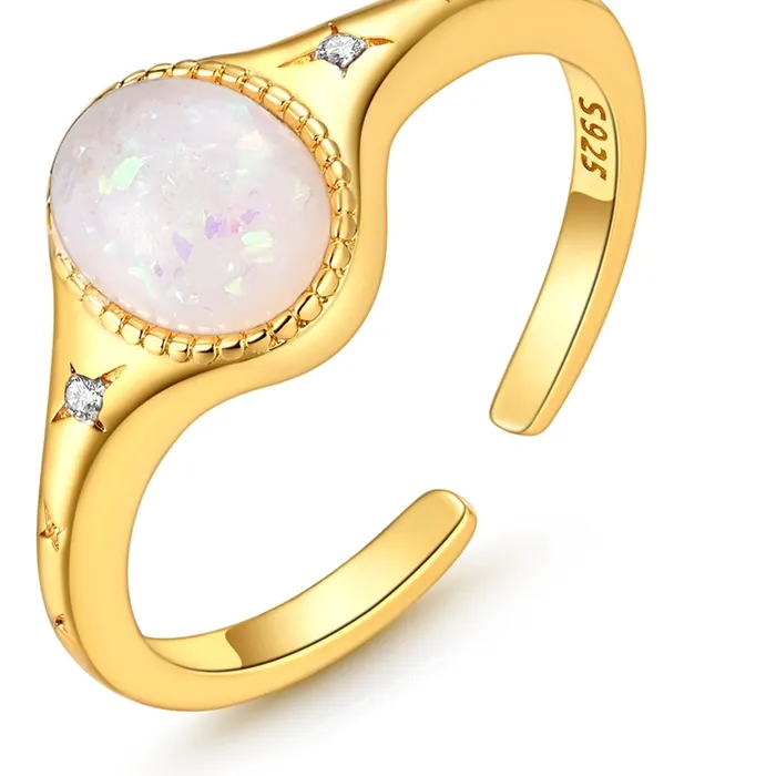 Authentic 925 Sterling Silver Oval Opal Signet Ring Starburst Cubic Zirconia Adjustable Open Ring Vintage Dainty Jewelry Gift for Women