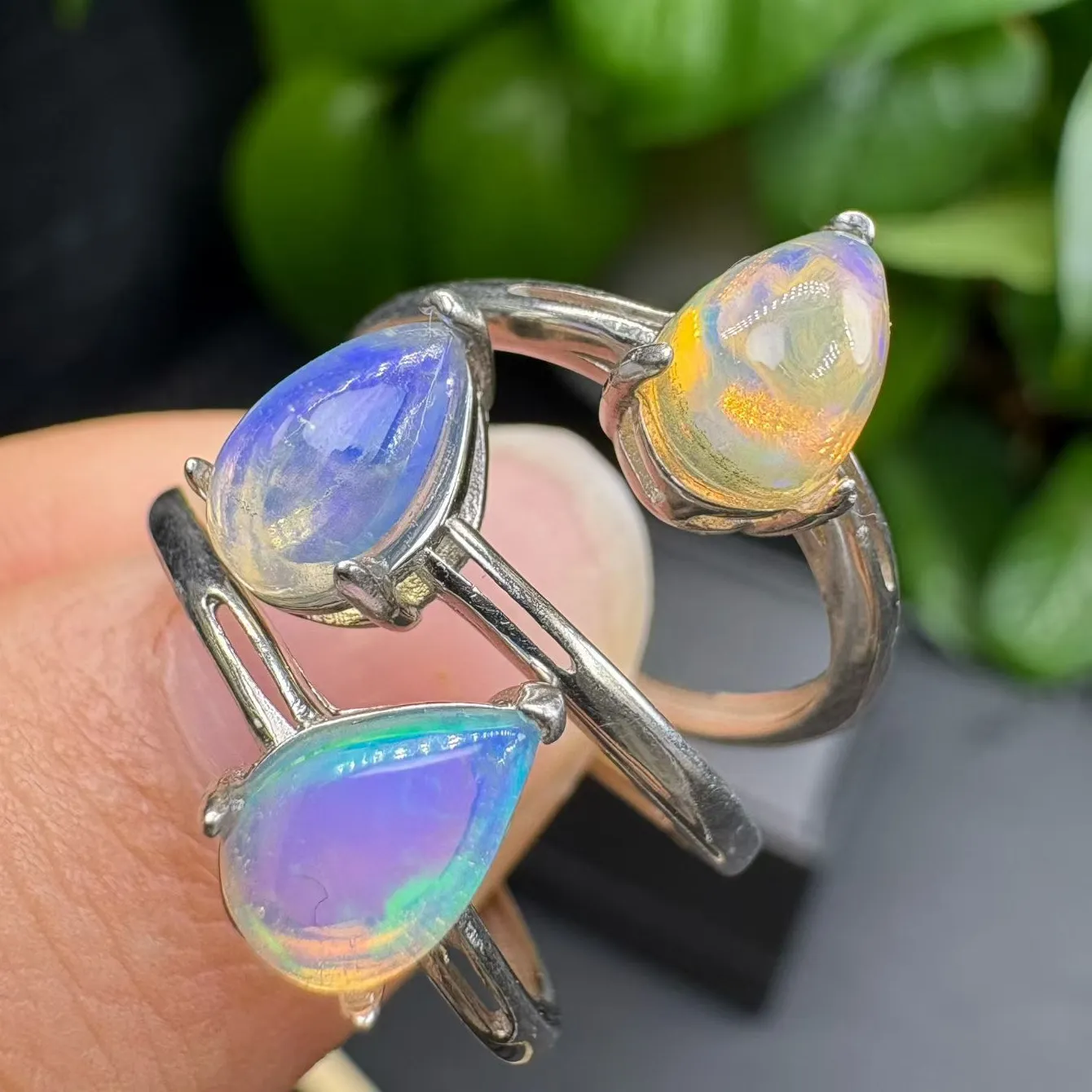 Authentic The Prism Tear: Natural Colorful Opal Water Drop Ring in 925 Sterling Silver