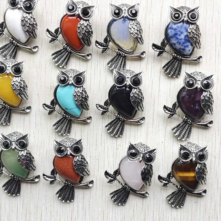Authentic Fashion Vintage silver Plated Owl natural tiger eye stone onyx opal pendants for jewelry making wholesale 12pcs free shipping
