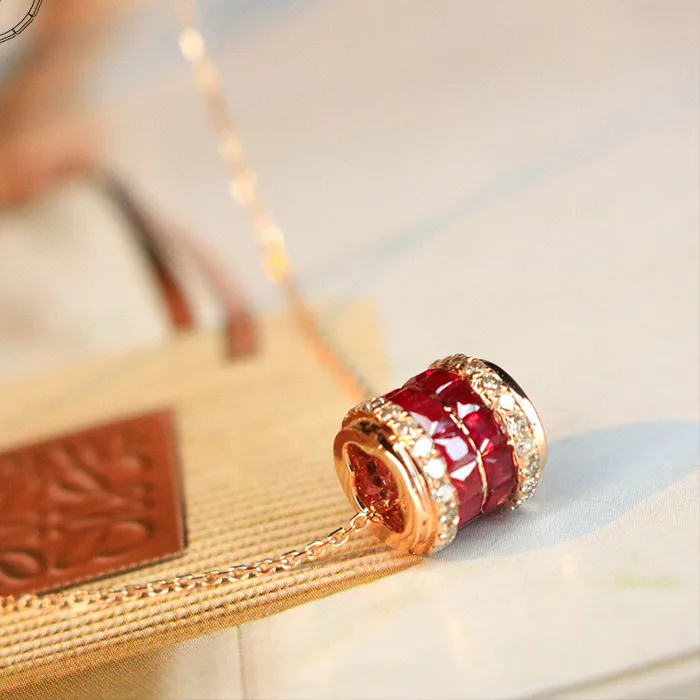 Authentic Aazuo Fine Jewerly 18K Rose Gold Natural Ruby Real Diamonds Classic Move Round Ring Necklace Gifted For Women Birtthday Party