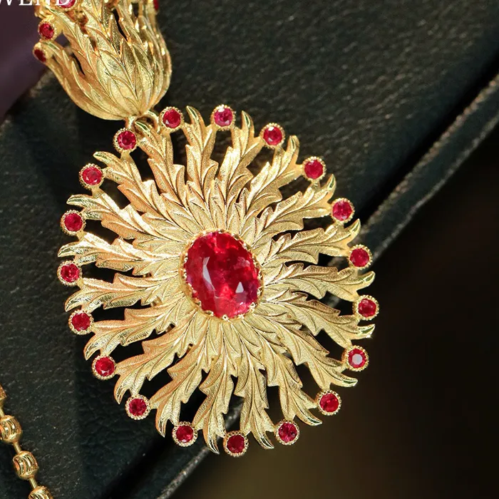 Authentic Luowend 100 18K Yellow Gold Pendant Phoenix Shape Real Natural Ruby Necklace Pendant High Jewelry