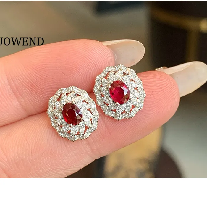 Authentic LUOWEND 100% 18K White Gold Earrings Women Vintage Palace Style Shiny Diamond Natural Ruby Stud Earrings High Party Jewelry