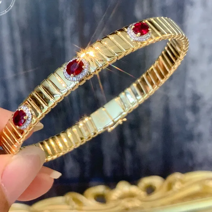 Authentic Aazuo Fine Jewelry 18K Yellow Gold Natrual Ruby Real Diamonds Jewelry Original Bangles