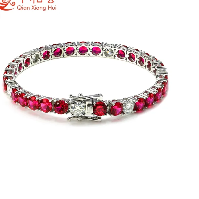 Authentic 3Mm 4Mm 5Mm 6.5Mm Lab Grown Red Color Ruby Tennis Bracelet S925 Silver White Moissanite Bracelet Jewelry