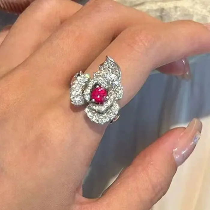 Authentic Vintage Rose Flower Women Ruby Rings for Women Brushed Palace Style 925 Sterling Silver Open Ring Wedding Jewelry