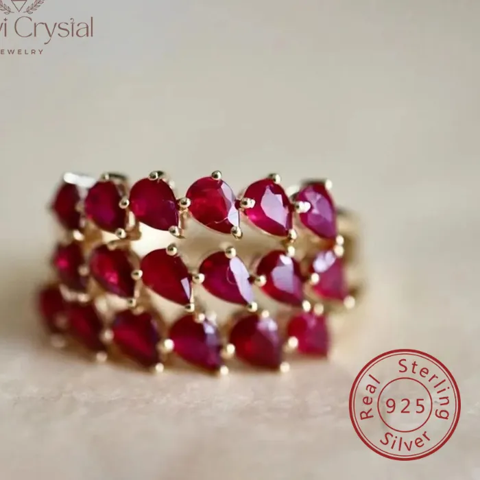 Authentic 's S925 Sterling Silver Gold Plated Retro pearl cut ruby red zircon Women's Luxury elegant Daily fine jewelry