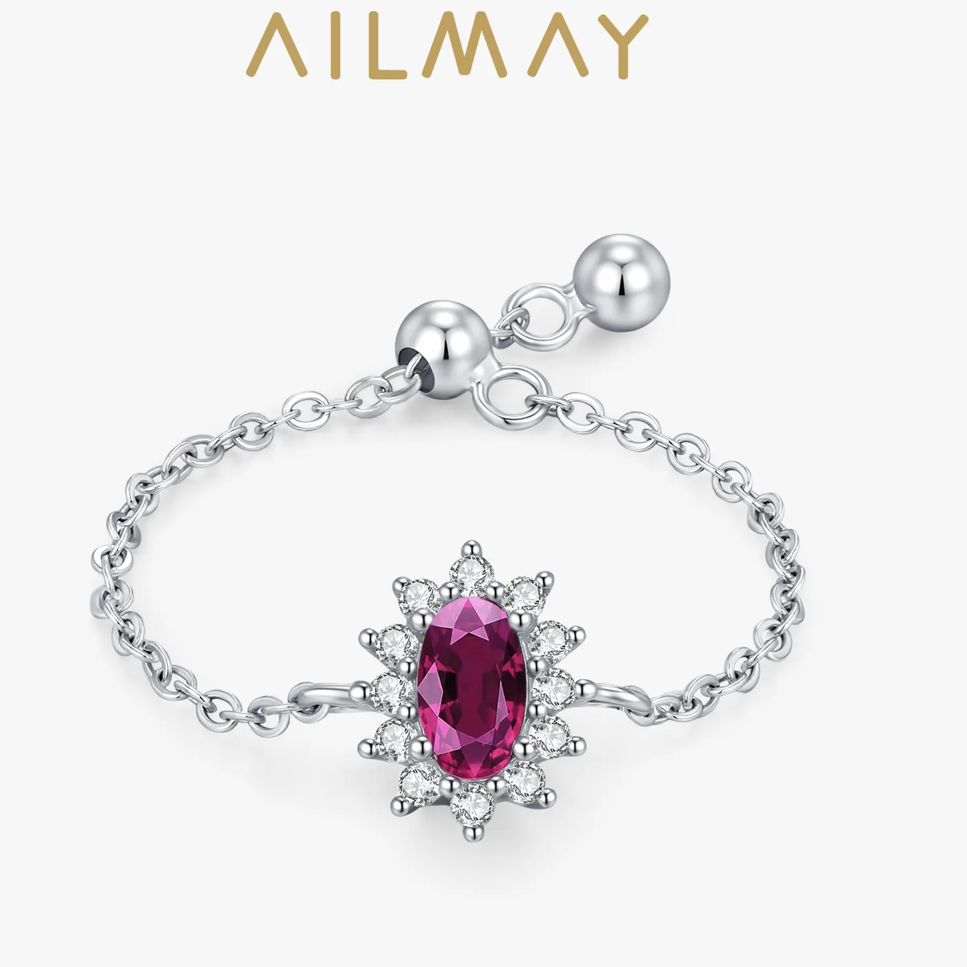 Authentic Ailmay 925 Sterling Silver Sunflower Ring with 's Ruby Adjustable Style Women's Jewelry Vintage Court Style Model