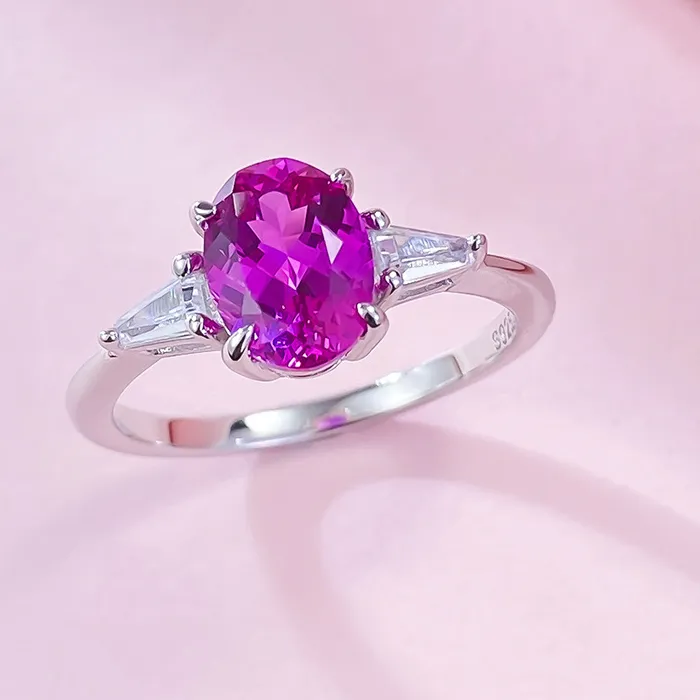 Authentic S925 Silver Oval Pink Ruby Ring for Women's Daily Fashion Jewelry Gift