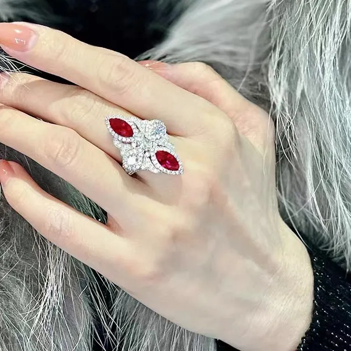 Authentic Luxurious rhombus ruby rings for women silver 925 full diamonds double headed red gem engagement ring exquisite fine jewelry