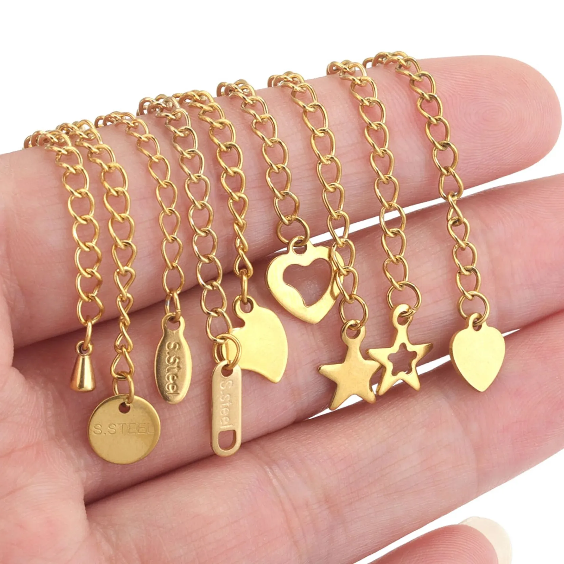 Authentic 10 Pcs Stainless Steel End Chain with Lobster Clasp Skeletonized Heart Pendant DIY Bracelet Necklace Unique and Exquisite